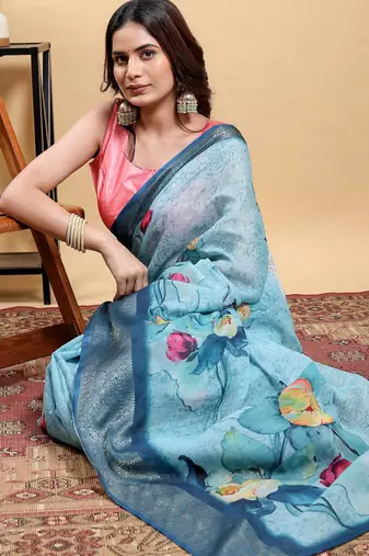 sky blue colour Ready to wear elegant print linen cotton saree with jacquard border & unstitched blouse