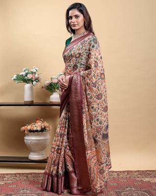 cream colour Ready to wear elegant print linen cotton saree with jacquard border & unstitched blouse 1