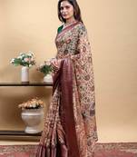 cream colour Ready to wear elegant print linen cotton saree with jacquard border & unstitched blouse