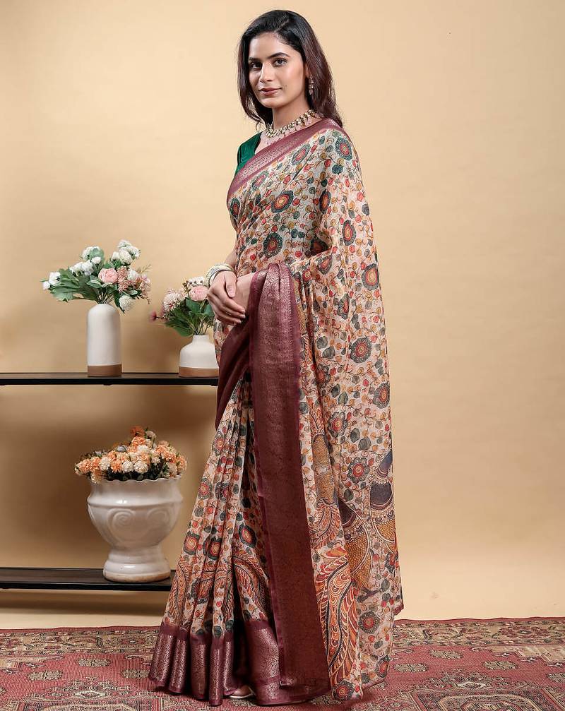 cream colour Ready to wear elegant print linen cotton saree with jacquard border & unstitched blouse