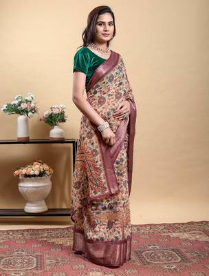 cream colour Ready to wear elegant print linen cotton saree with jacquard border & unstitched blouse 2