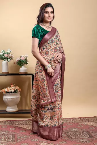 cream colour Ready to wear elegant print linen cotton saree with jacquard border & unstitched blouse