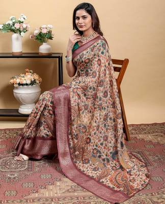 cream colour Ready to wear elegant print linen cotton saree with jacquard border & unstitched blouse 3