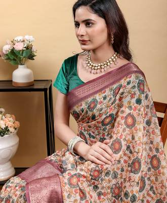 cream colour Ready to wear elegant print linen cotton saree with jacquard border & unstitched blouse 4
