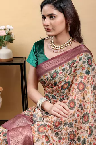 cream colour Ready to wear elegant print linen cotton saree with jacquard border & unstitched blouse