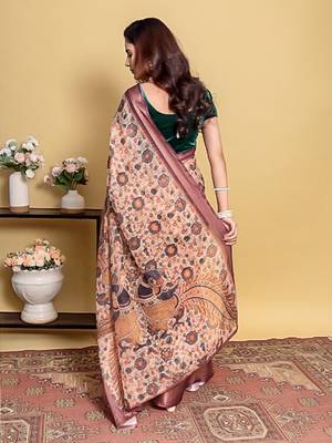 cream colour Ready to wear elegant print linen cotton saree with jacquard border & unstitched blouse 5