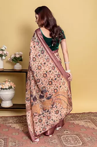 cream colour Ready to wear elegant print linen cotton saree with jacquard border & unstitched blouse