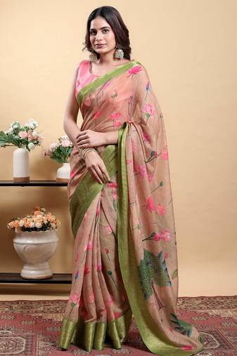 pink colour Ready to wear elegant print linen cotton saree with jacquard border & unstitched blouse