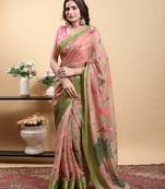 pink colour Ready to wear elegant print linen cotton saree with jacquard border & unstitched blouse