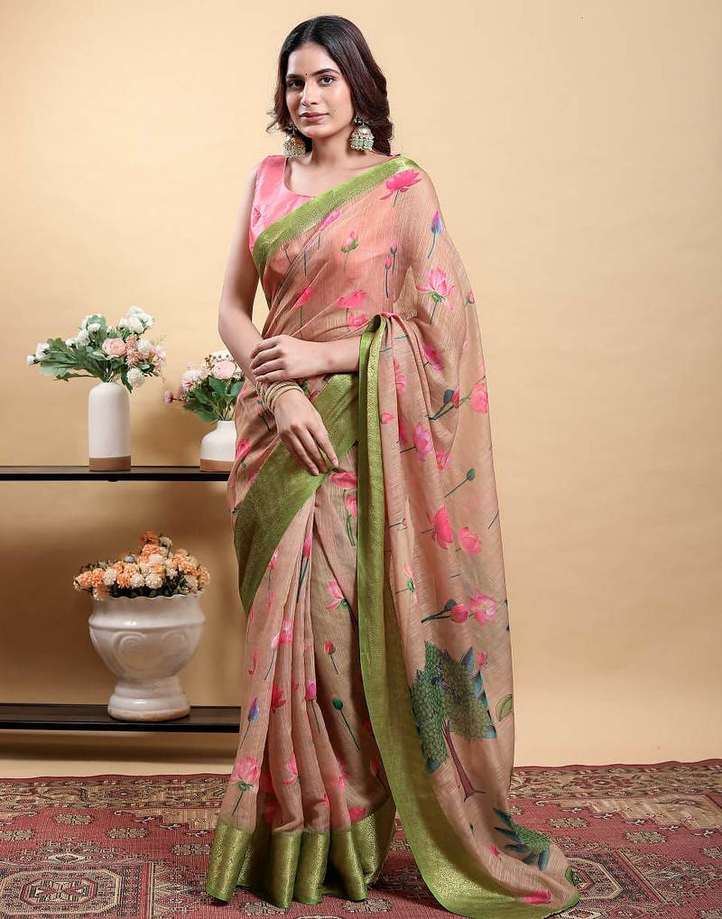 pink colour Ready to wear elegant print linen cotton saree with jacquard border & unstitched blouse