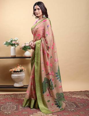 pink colour Ready to wear elegant print linen cotton saree with jacquard border & unstitched blouse 2