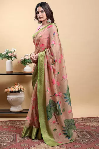 pink colour Ready to wear elegant print linen cotton saree with jacquard border & unstitched blouse