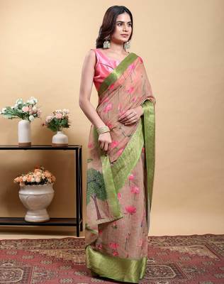 pink colour Ready to wear elegant print linen cotton saree with jacquard border & unstitched blouse 3