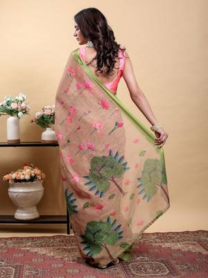 pink colour Ready to wear elegant print linen cotton saree with jacquard border & unstitched blouse 4