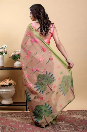 pink colour Ready to wear elegant print linen cotton saree with jacquard border & unstitched blouse