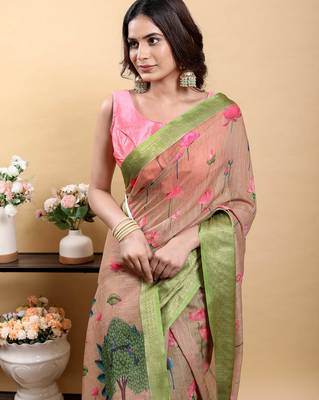 pink colour Ready to wear elegant print linen cotton saree with jacquard border & unstitched blouse 5