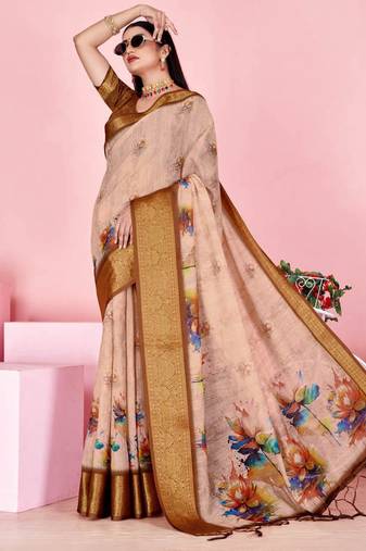 peach colour Ready to wear elegant print linen cotton saree with jacquard border & unstitched blouse