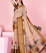 peach colour Ready to wear elegant print linen cotton saree with jacquard border & unstitched blouse