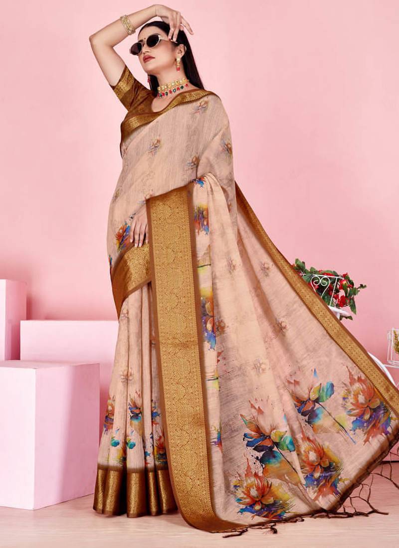 peach colour Ready to wear elegant print linen cotton saree with jacquard border & unstitched blouse