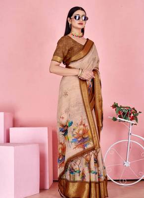 peach colour Ready to wear elegant print linen cotton saree with jacquard border & unstitched blouse 2