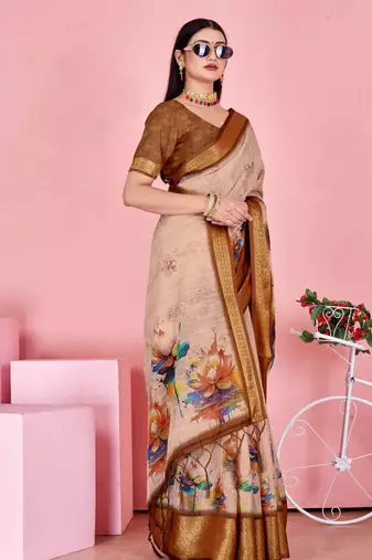 peach colour Ready to wear elegant print linen cotton saree with jacquard border & unstitched blouse