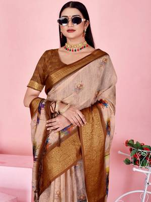 peach colour Ready to wear elegant print linen cotton saree with jacquard border & unstitched blouse 3