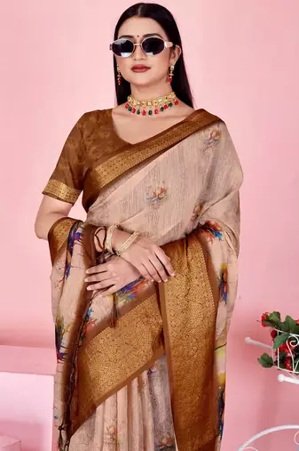 peach colour Ready to wear elegant print linen cotton saree with jacquard border & unstitched blouse