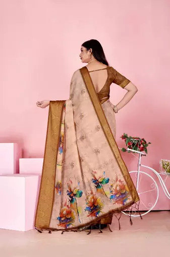 peach colour Ready to wear elegant print linen cotton saree with jacquard border & unstitched blouse