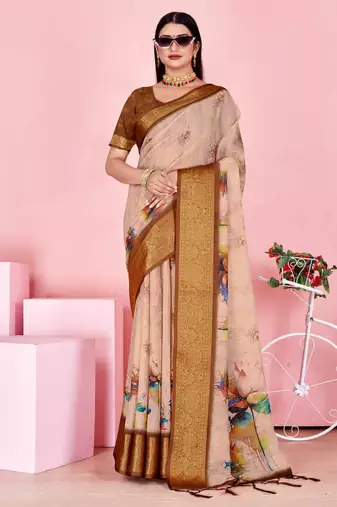 peach colour Ready to wear elegant print linen cotton saree with jacquard border & unstitched blouse