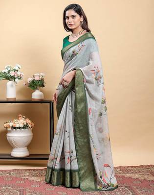 grey colour Ready to wear elegant print linen cotton saree with jacquard border & unstitched blouse 1