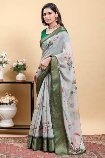 grey colour Ready to wear elegant print linen cotton saree with jacquard border & unstitched blouse