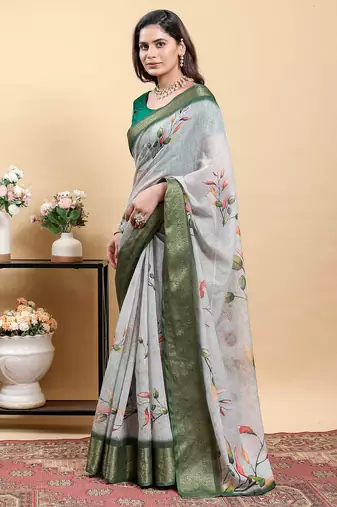 grey colour Ready to wear elegant print linen cotton saree with jacquard border & unstitched blouse