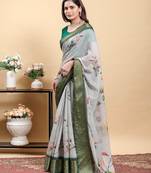 grey colour Ready to wear elegant print linen cotton saree with jacquard border & unstitched blouse