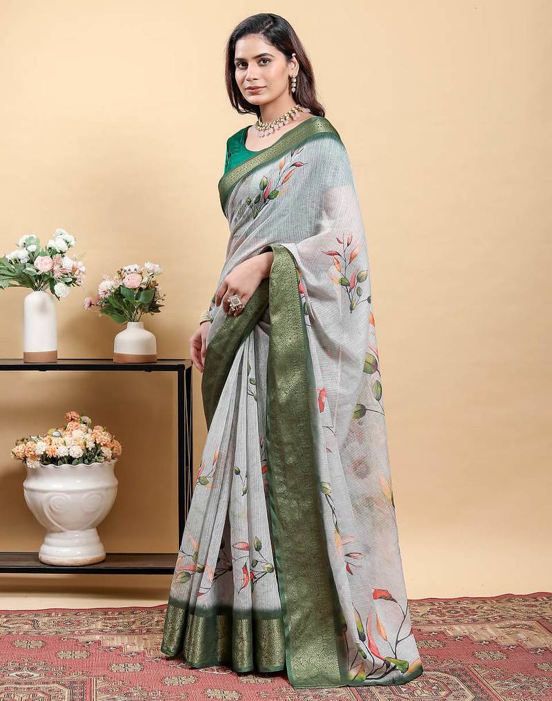 grey colour Ready to wear elegant print linen cotton saree with jacquard border & unstitched blouse