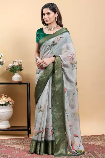 grey colour Ready to wear elegant print linen cotton saree with jacquard border & unstitched blouse