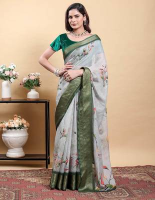 grey colour Ready to wear elegant print linen cotton saree with jacquard border & unstitched blouse 3