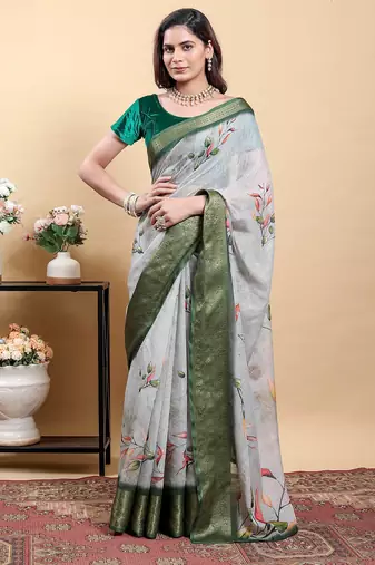 grey colour Ready to wear elegant print linen cotton saree with jacquard border & unstitched blouse