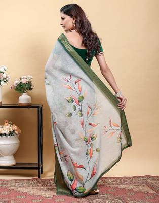 grey colour Ready to wear elegant print linen cotton saree with jacquard border & unstitched blouse 4