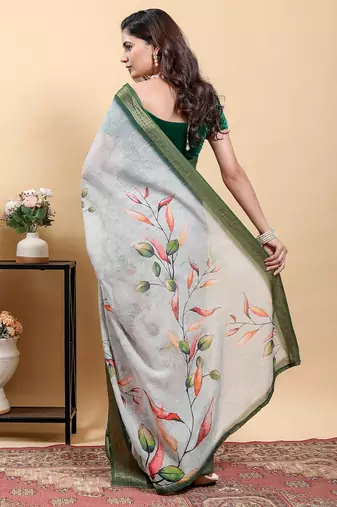 grey colour Ready to wear elegant print linen cotton saree with jacquard border & unstitched blouse
