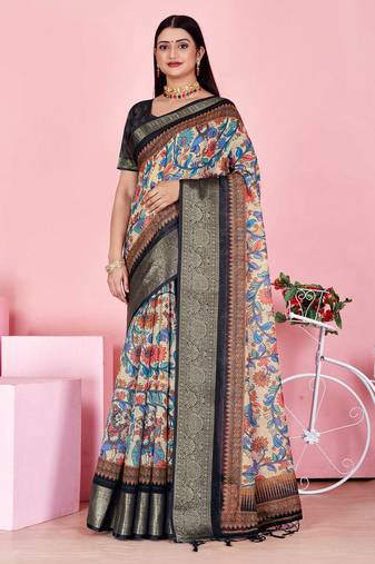 blue colour Ready to wear elegant print linen cotton saree with jacquard border & unstitched blouse
