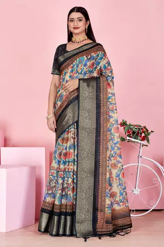 blue colour Ready to wear elegant print linen cotton saree with jacquard border & unstitched blouse
