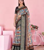 blue colour Ready to wear elegant print linen cotton saree with jacquard border & unstitched blouse