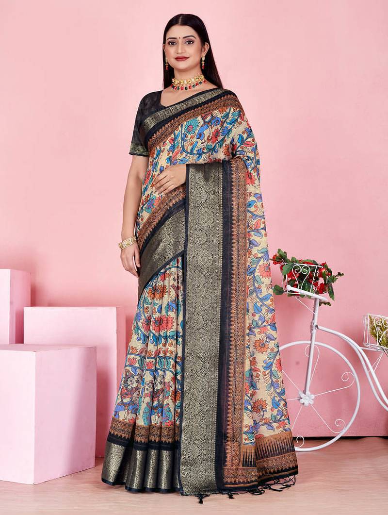 blue colour Ready to wear elegant print linen cotton saree with jacquard border & unstitched blouse