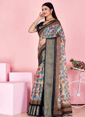 blue colour Ready to wear elegant print linen cotton saree with jacquard border & unstitched blouse 2