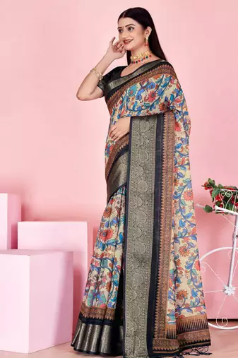 blue colour Ready to wear elegant print linen cotton saree with jacquard border & unstitched blouse