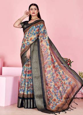blue colour Ready to wear elegant print linen cotton saree with jacquard border & unstitched blouse 3