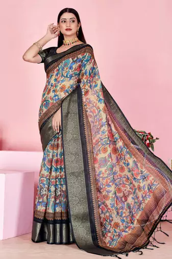 blue colour Ready to wear elegant print linen cotton saree with jacquard border & unstitched blouse