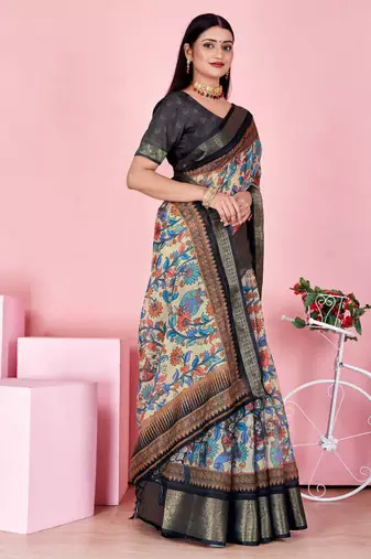 blue colour Ready to wear elegant print linen cotton saree with jacquard border & unstitched blouse