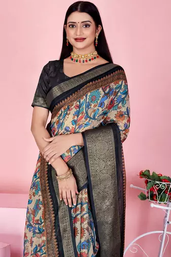 blue colour Ready to wear elegant print linen cotton saree with jacquard border & unstitched blouse