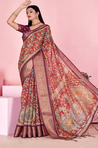 coral colour Ready to wear elegant print linen cotton saree with jacquard border & unstitched blouse